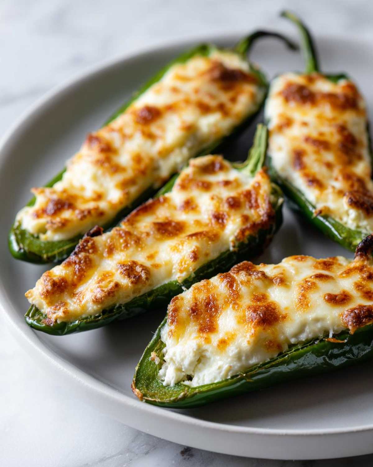 Four baked jalapeño poppers stuffed with creamy cheese filling and topped with melted, browned cheese.