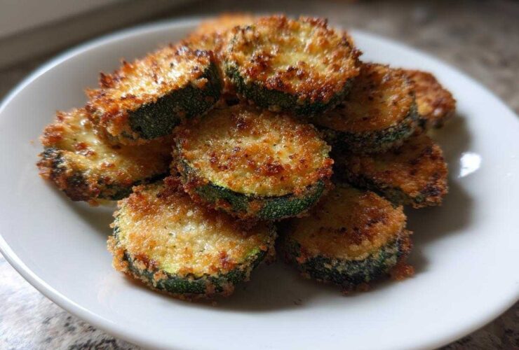 A serving of crispy, golden brown baked parmesan zucchini slices piled on a white plate.