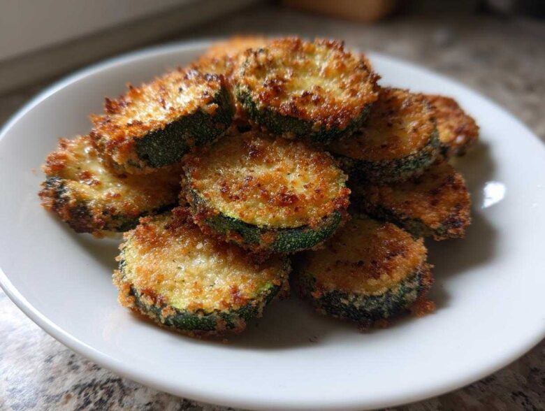 A serving of crispy, golden brown baked parmesan zucchini slices piled on a white plate.