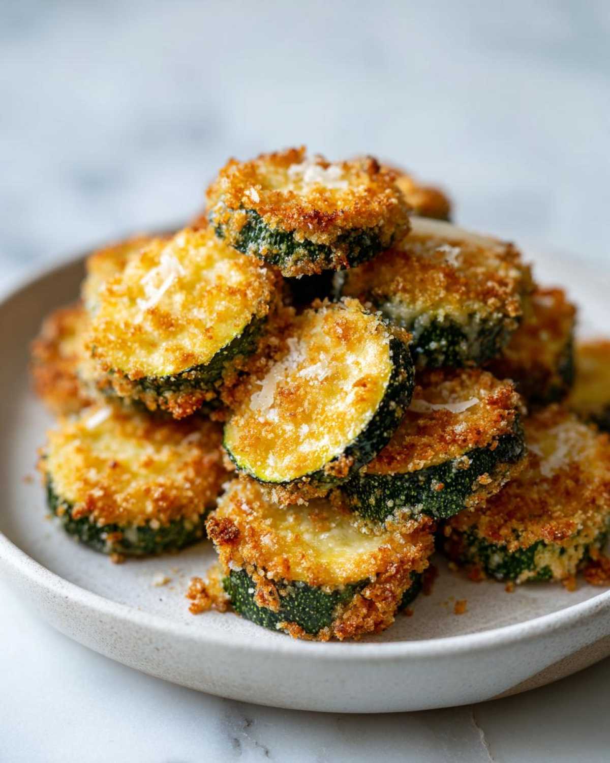 A close-up stack of golden brown baked parmesan zucchini slices sprinkled with extra cheese.