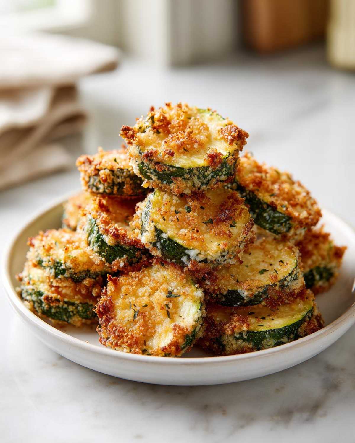 A stack of golden brown, crispy baked parmesan zucchini slices piled high on a white plate.