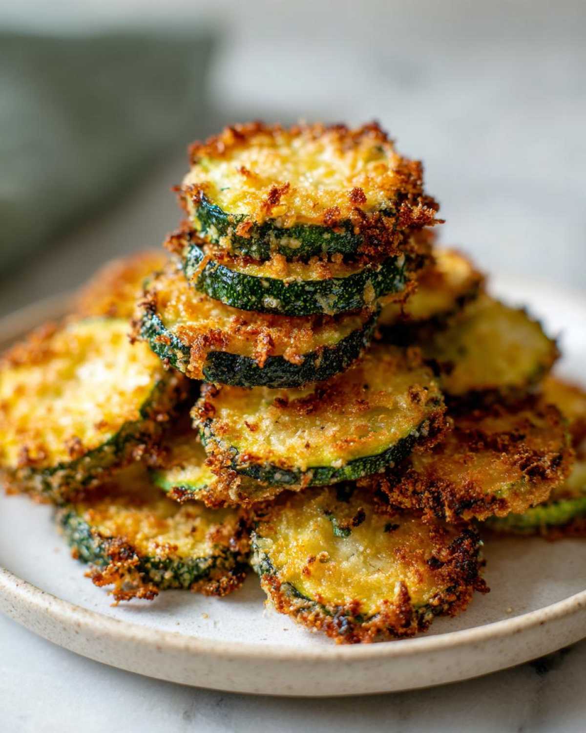 A close-up stack of golden brown, crispy baked parmesan zucchini slices on a light ceramic plate.