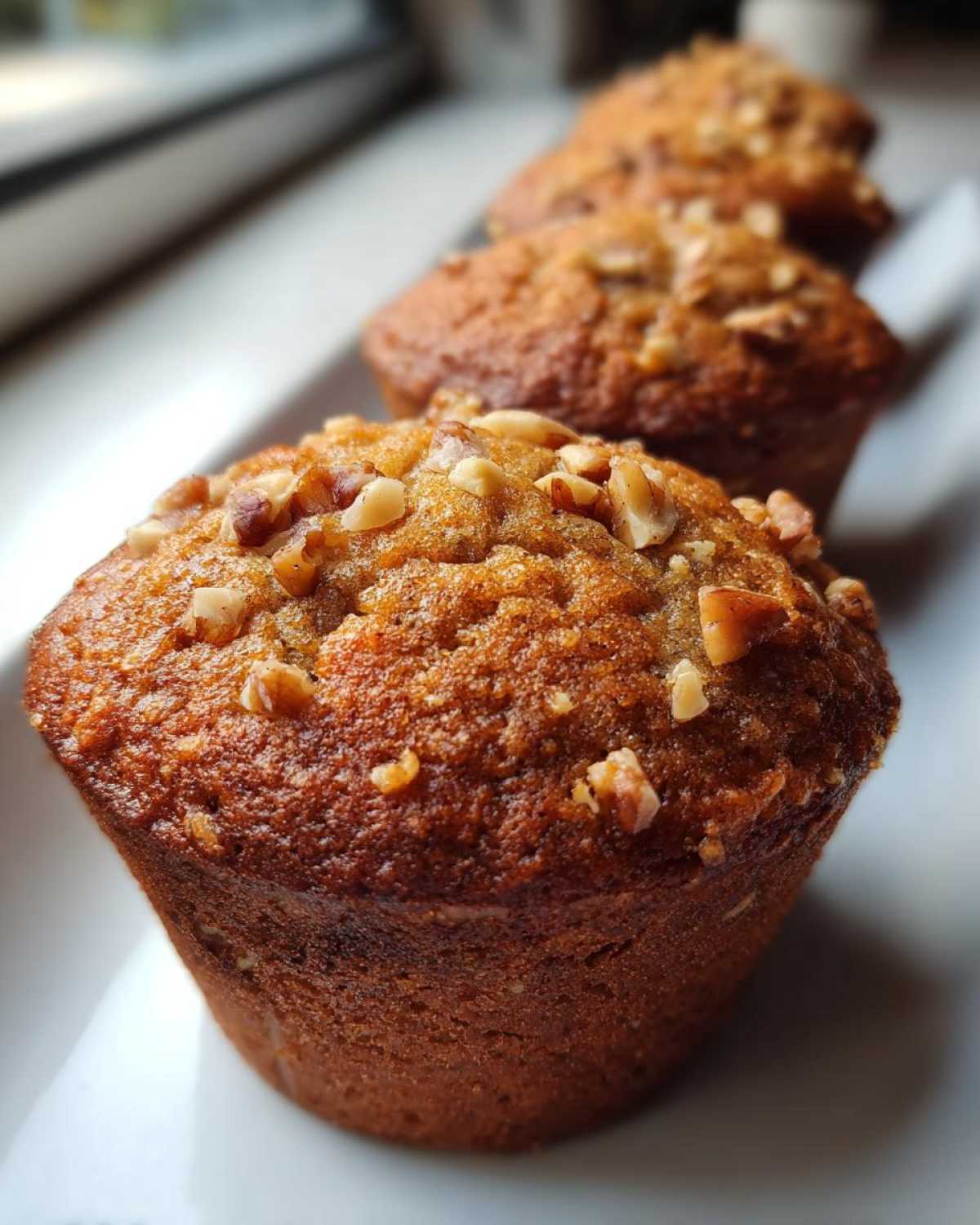 Close-up of a row of golden brown banana nut muffins topped with chopped walnuts, sitting on a white surface.