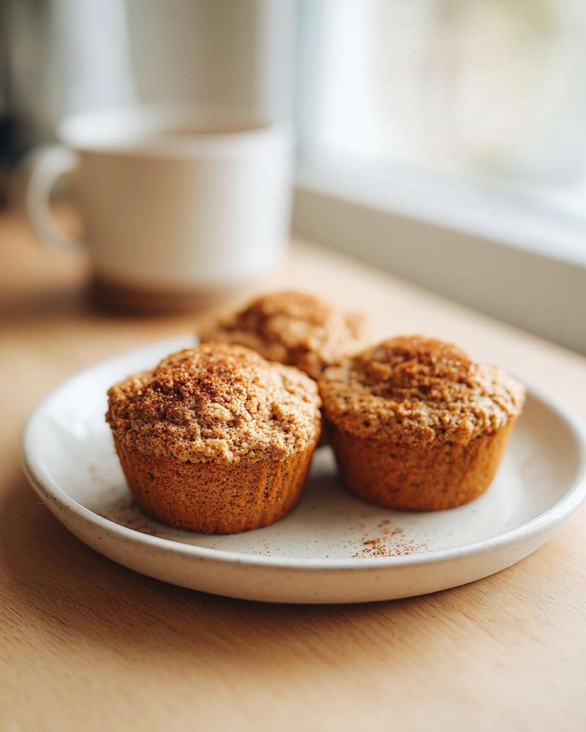 Close-up of three freshly baked banana protein muffins dusted with cinnamon on a white plate.