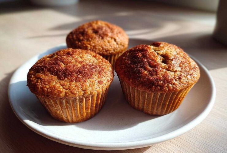 Three freshly baked banana protein muffins dusted with cinnamon sugar sitting on a white plate.
