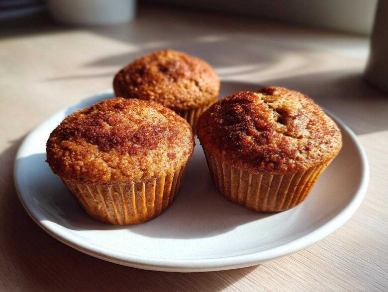 Three freshly baked banana protein muffins dusted with cinnamon sugar sitting on a white plate.