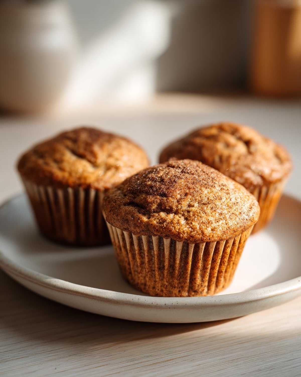Close-up of three freshly baked banana protein muffins with a cinnamon sugar topping on a light plate.