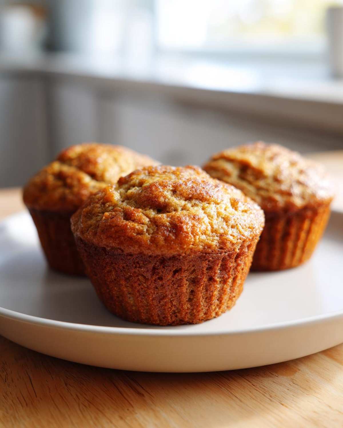Close-up of three freshly baked banana protein muffins with golden brown tops resting on a light plate.