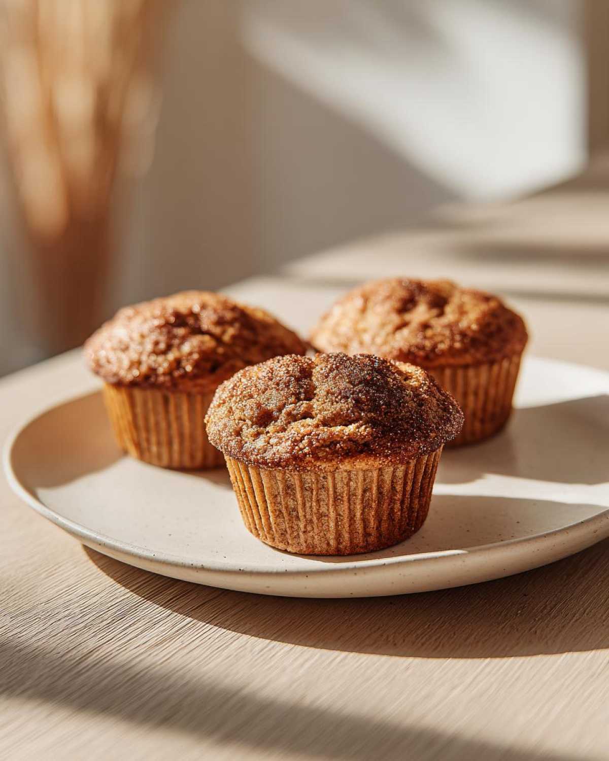 Three freshly baked banana protein muffins with a sugary top, resting on a light speckled plate.