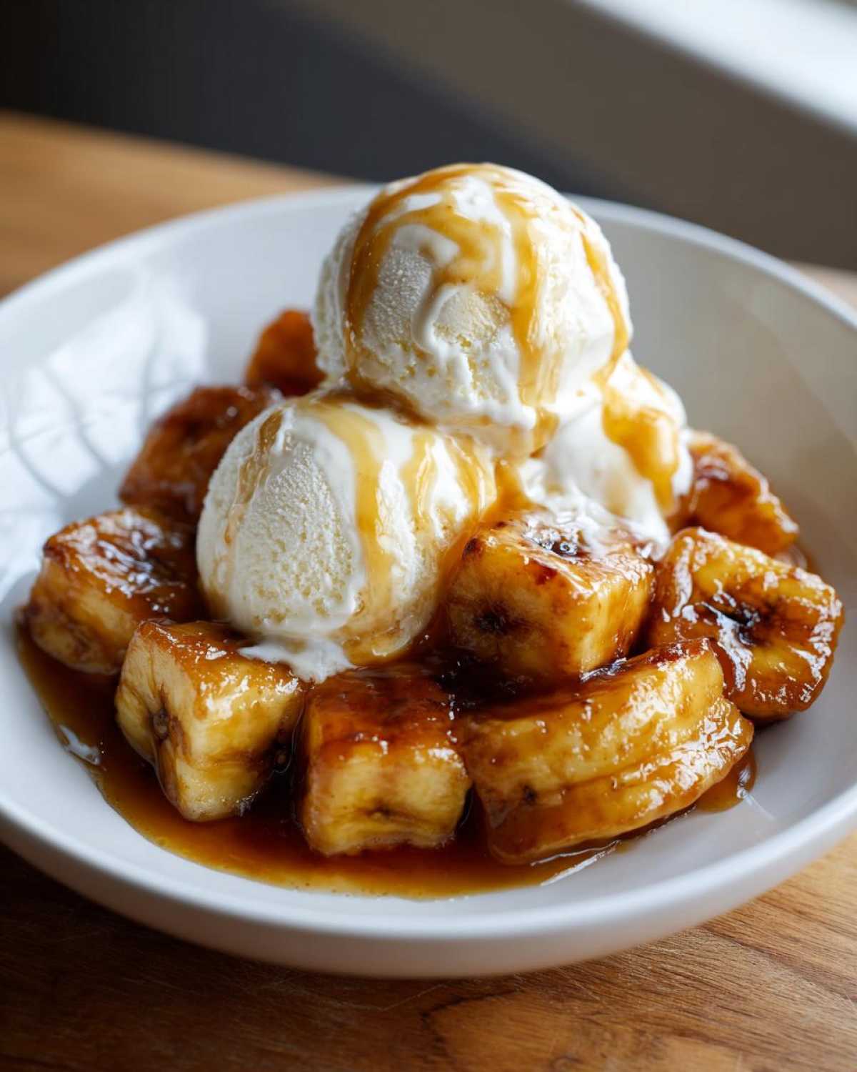 Close-up of caramelized Bananas Foster served with two scoops of vanilla ice cream drizzled with sauce.