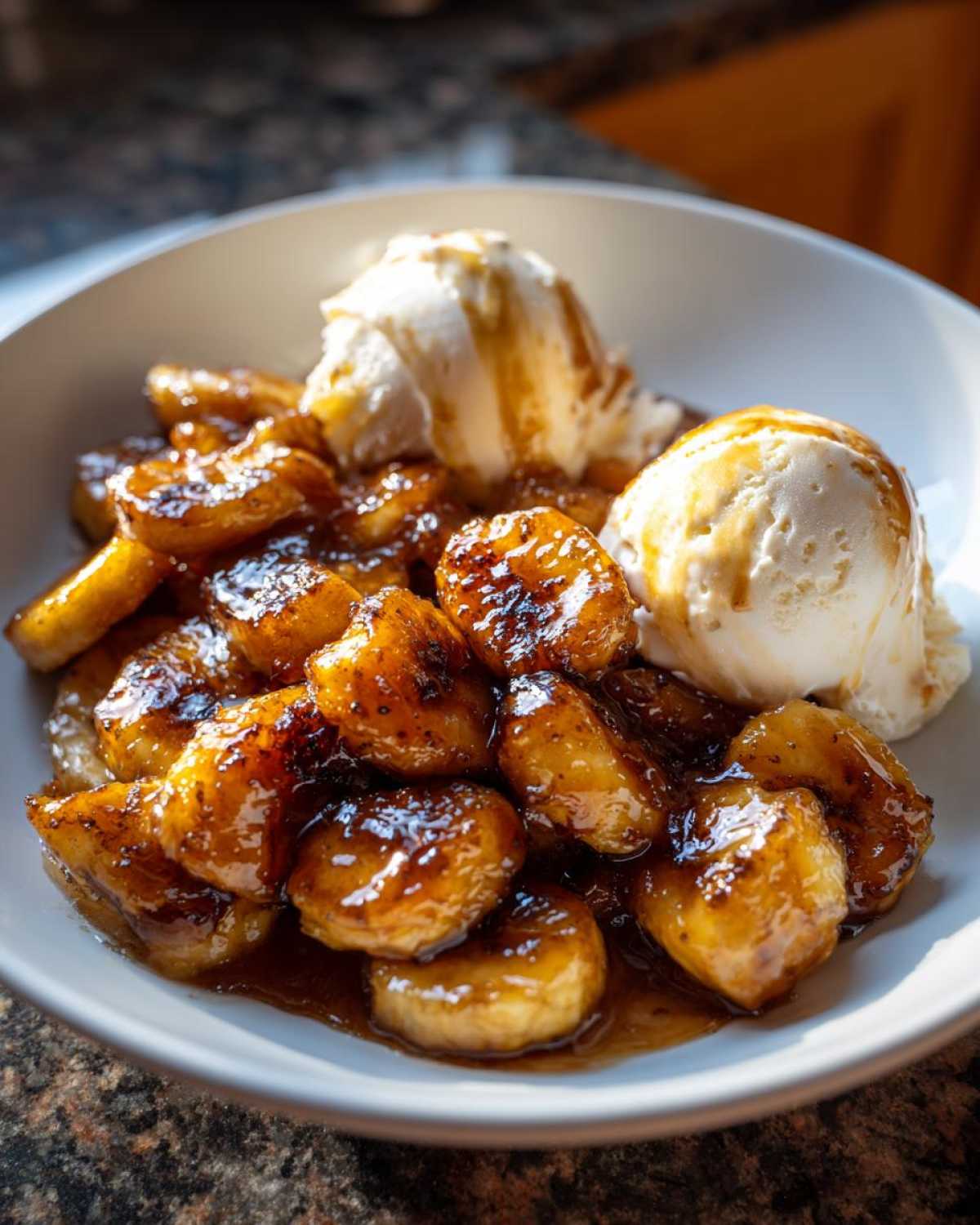 Close-up of warm, caramelized bananas foster served with two scoops of vanilla ice cream in a white bowl.