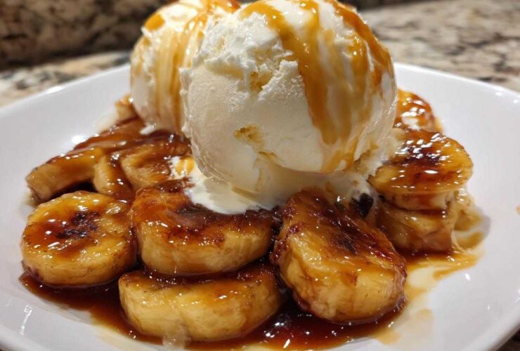 Close-up of warm, caramelized bananas foster topped with scoops of vanilla ice cream and caramel sauce.