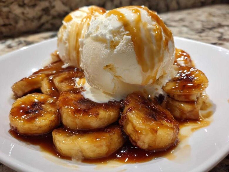 Close-up of warm, caramelized bananas foster topped with scoops of vanilla ice cream and caramel sauce.