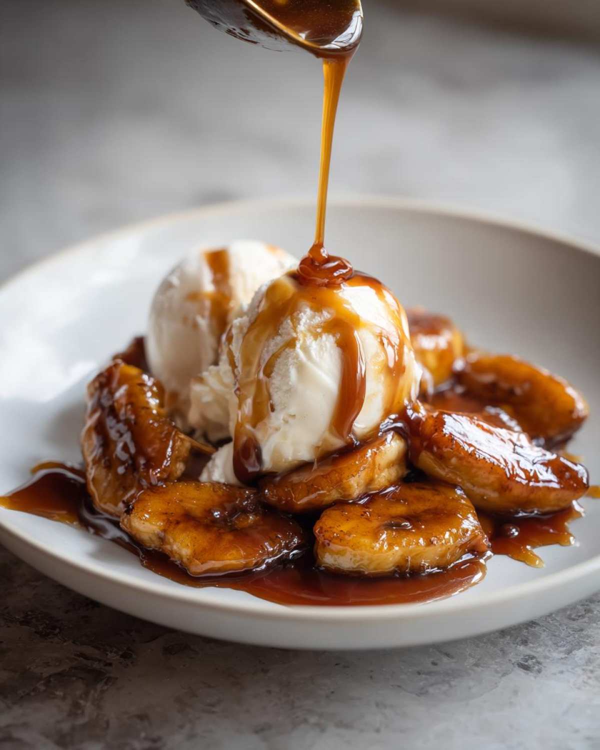 A close-up of delicious bananas foster served with vanilla ice cream, as caramel sauce is poured from a spoon.