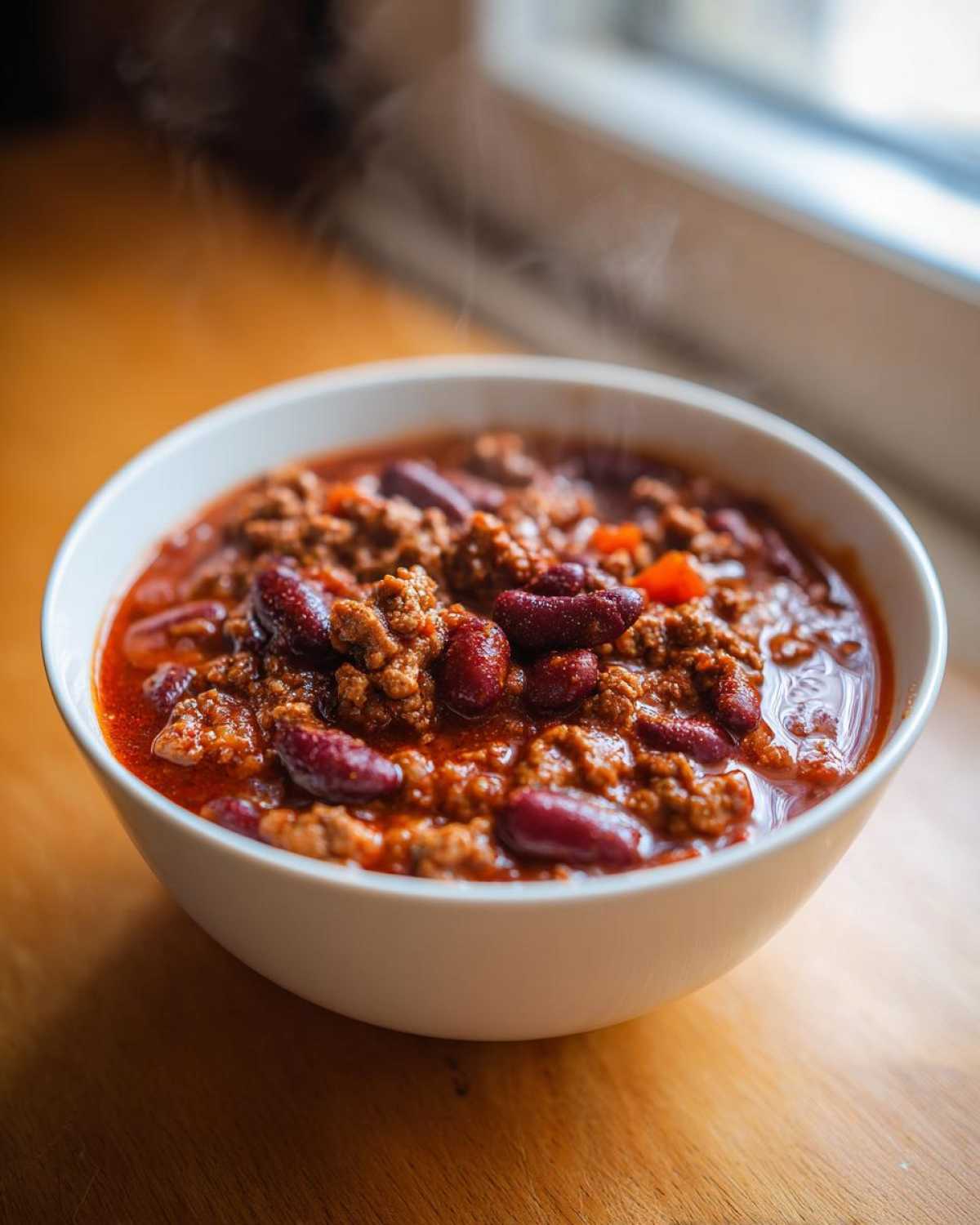 Close-up of a steaming white bowl containing the best chili recipe, rich with ground meat and kidney beans.
