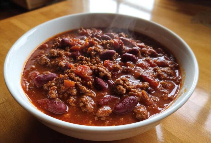 Close-up of a steaming white bowl filled with the best chili recipe, featuring ground beef and kidney beans in a rich red sauce.