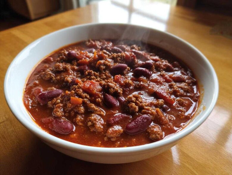 Close-up of a steaming white bowl filled with the best chili recipe, featuring ground beef and kidney beans in a rich red sauce.