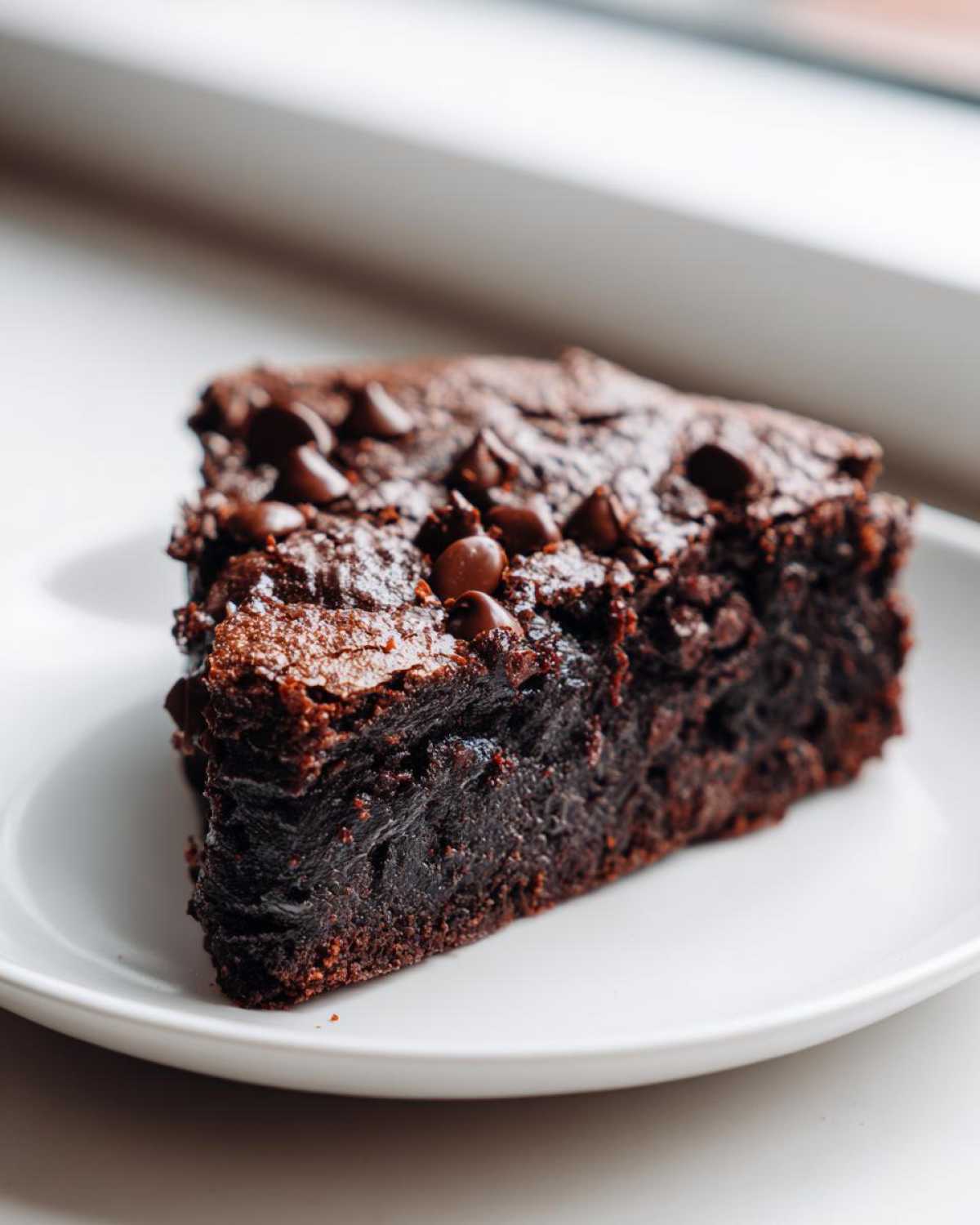 A close-up of a rich, dark slice of black bean brownies topped with melted chocolate chips on a white plate.