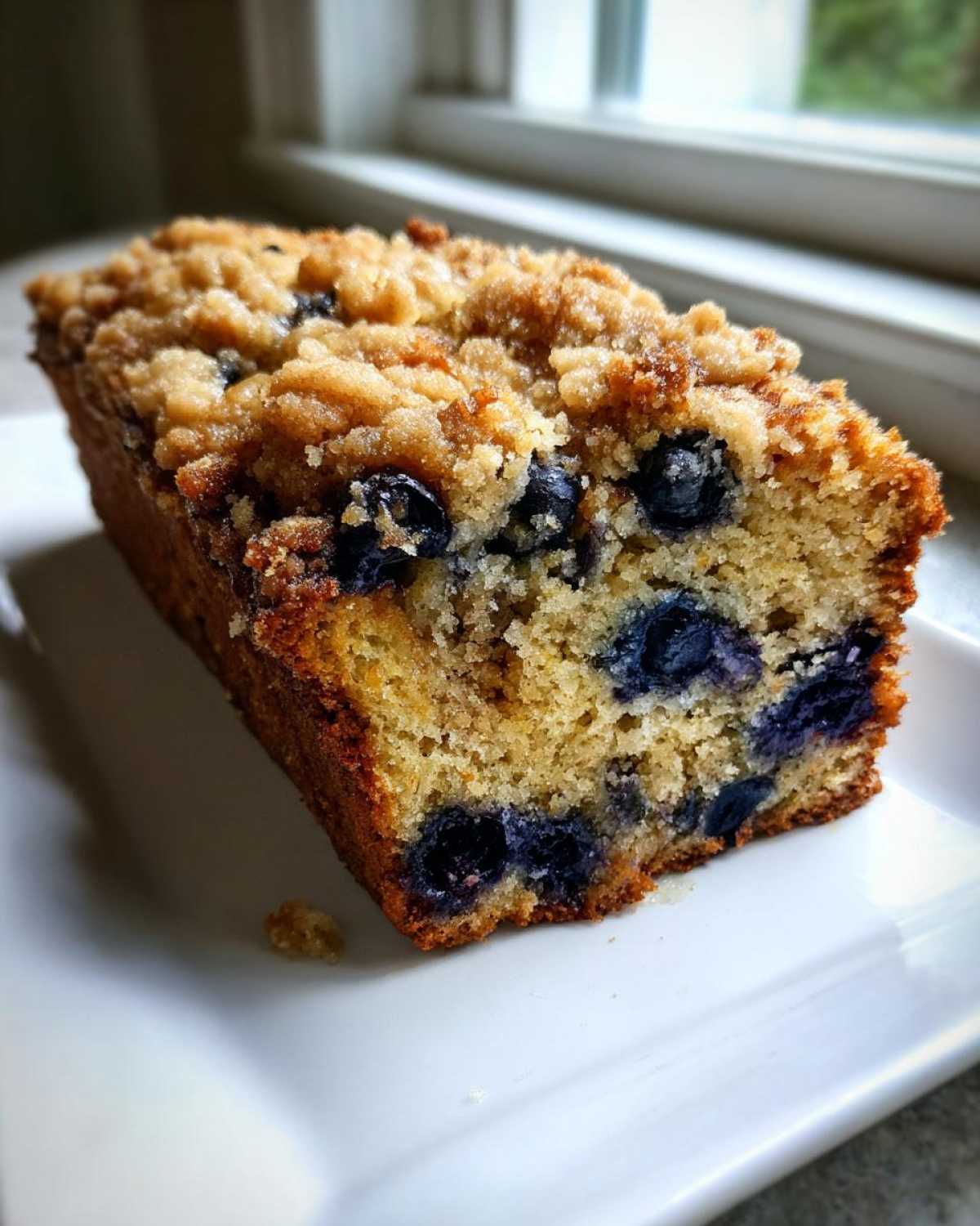 Close-up of a slice of moist blueberry banana bread with a golden brown crumb topping.