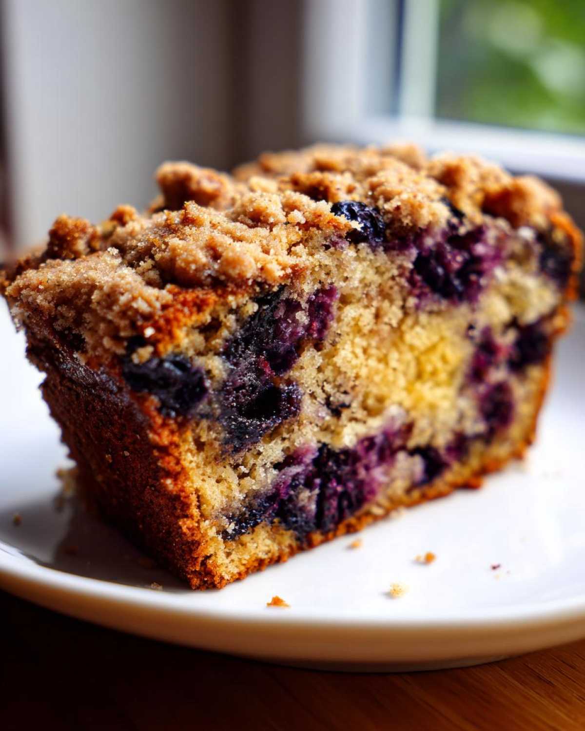 Close-up of a moist slice of blueberry banana bread topped with brown sugar streusel.