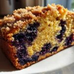 Close-up of a moist slice of blueberry banana bread featuring visible blueberries and a golden crumb topping.