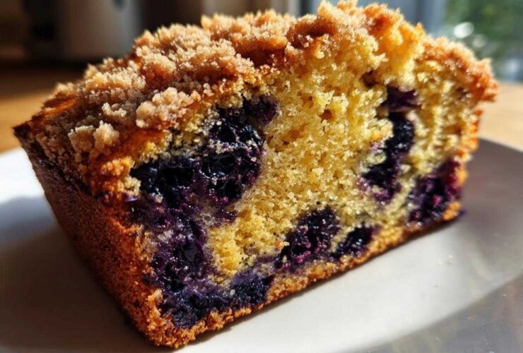 Close-up of a moist slice of blueberry banana bread featuring visible blueberries and a golden crumb topping.