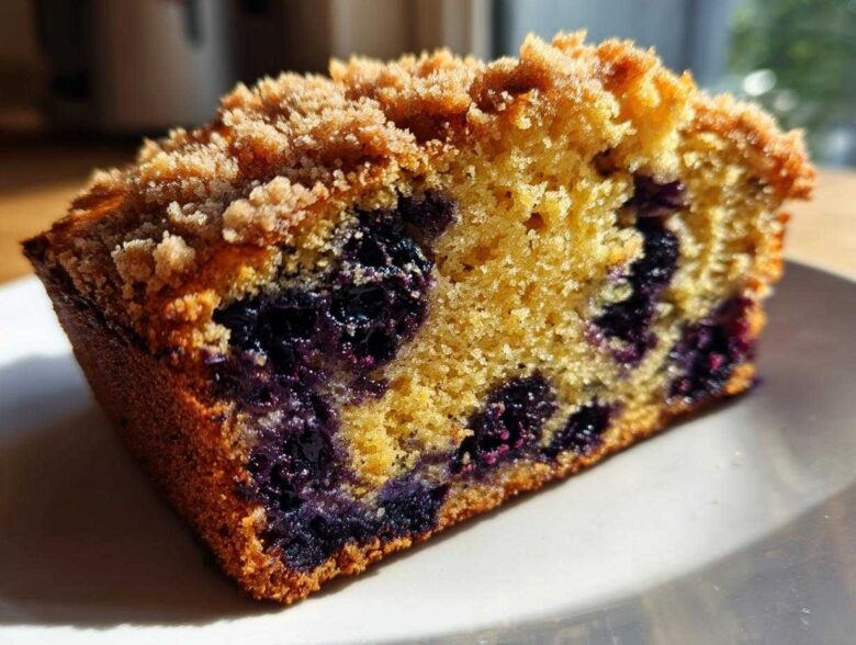Close-up of a moist slice of blueberry banana bread featuring visible blueberries and a golden crumb topping.