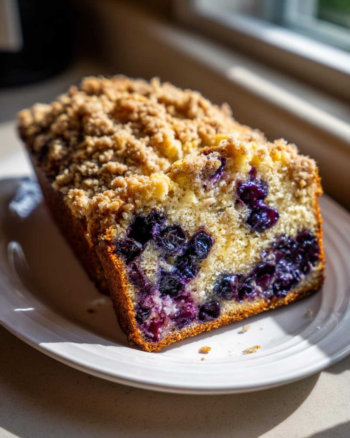 A close-up slice of moist blueberry banana bread topped with crunchy streusel, sitting on a white plate.