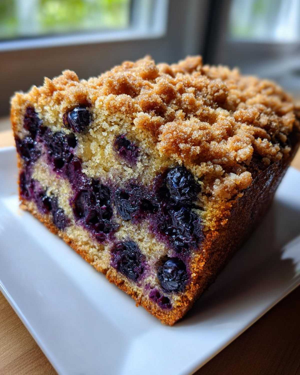 Close-up of a moist slice of blueberry banana bread topped with brown sugar streusel, served on a white plate.