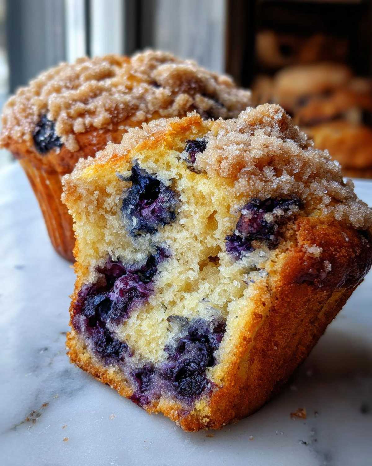 Close-up of a moist blueberry muffin cut in half, showing abundant blueberries and a sugary crumb topping.