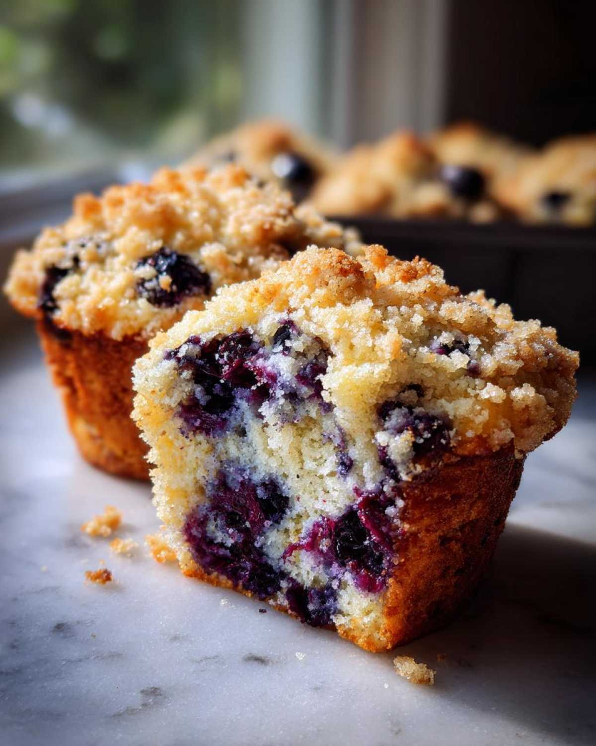 A blueberry muffin cut in half showing the moist interior packed with blueberries and topped with golden streusel topping.
