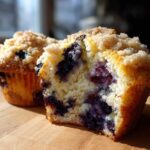 Close-up of a moist blueberry muffin cut in half, showing abundant blueberries and a sugary crumb topping.