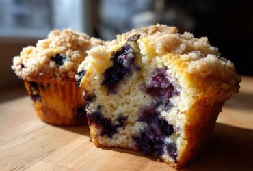 Close-up of a moist blueberry muffin cut in half, showing abundant blueberries and a sugary crumb topping.