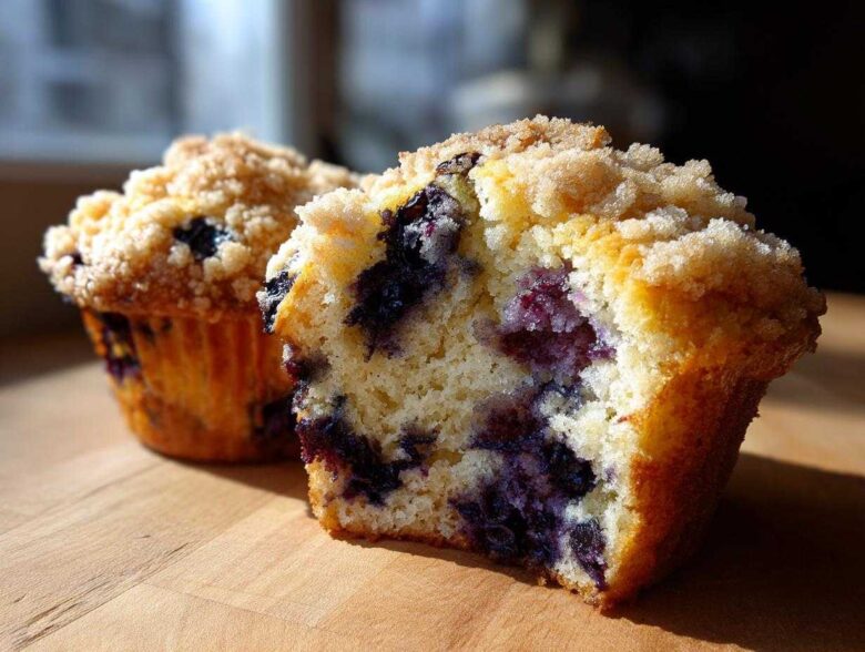 Close-up of a moist blueberry muffin cut in half, showing abundant blueberries and a sugary crumb topping.