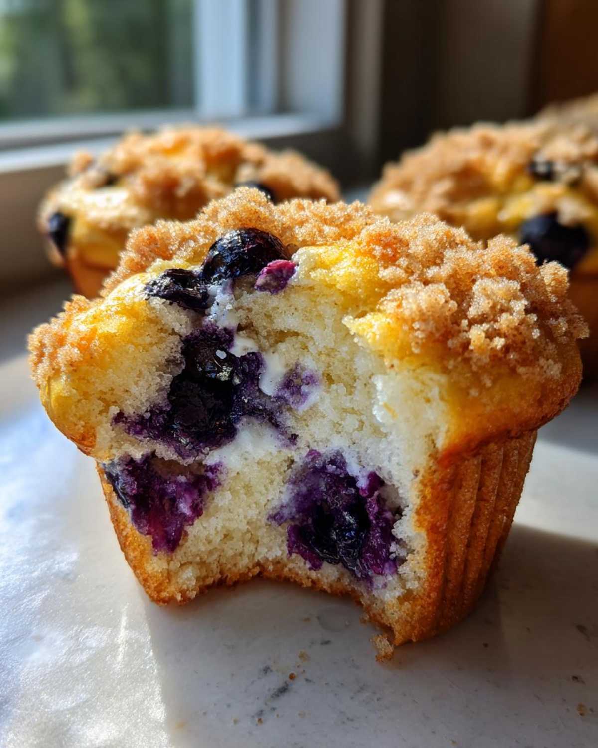 Close-up of a delicious blueberry muffin with a bite taken out, revealing moist cake and burst blueberries, topped with brown sugar streusel.