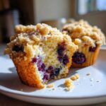 A close-up of a delicious blueberry muffin cut in half, showing moist crumb and burst blueberries, topped with streusel. Perfect blueberry muffins!