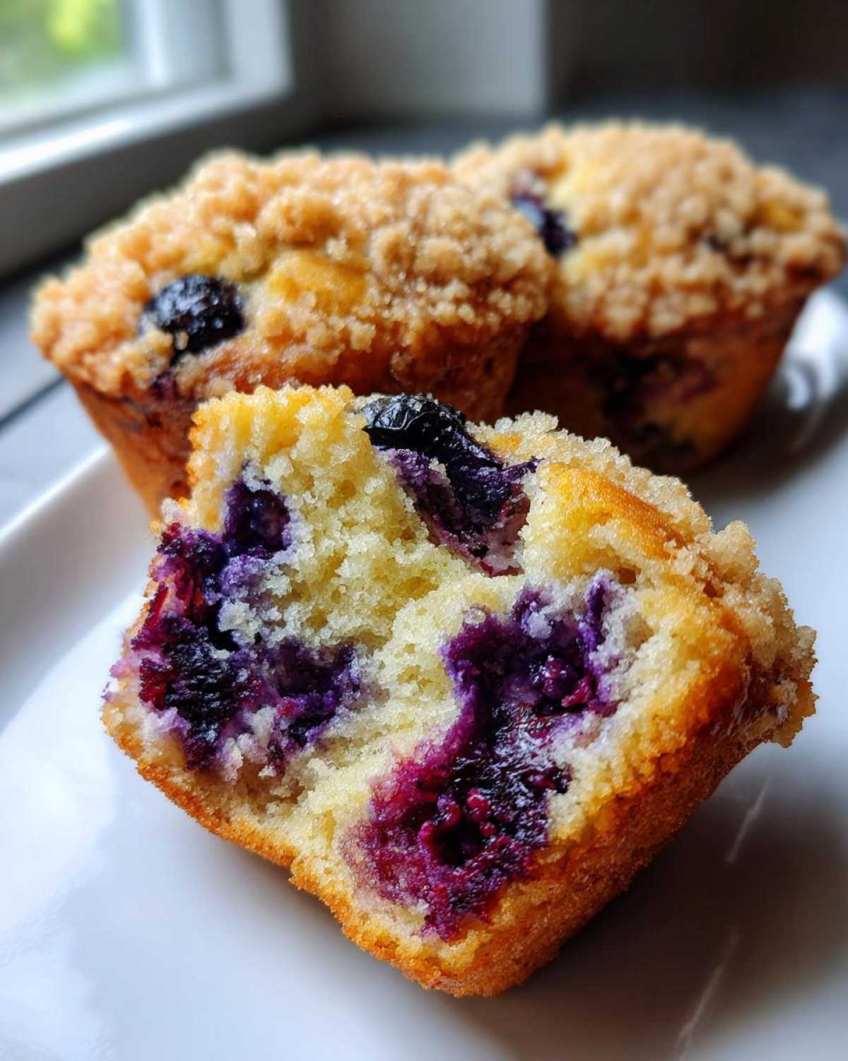 Close-up of a halved blueberry muffin showing the moist, yellow crumb packed with burst blueberries, topped with streusel.