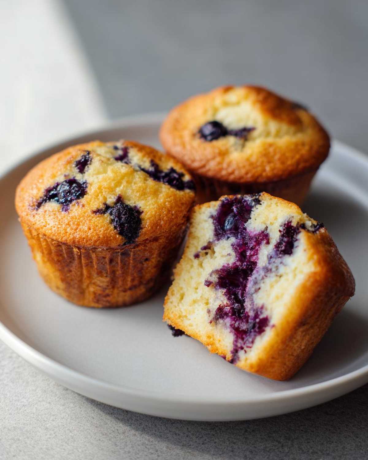 Three golden-brown blueberry protein muffins on a light gray plate, one cut open showing moist interior.