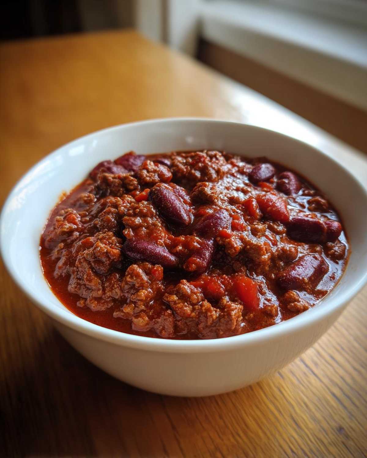 Close-up of a white bowl filled with rich, thick chili featuring ground beef and kidney beans, showcasing the best chili recipe.