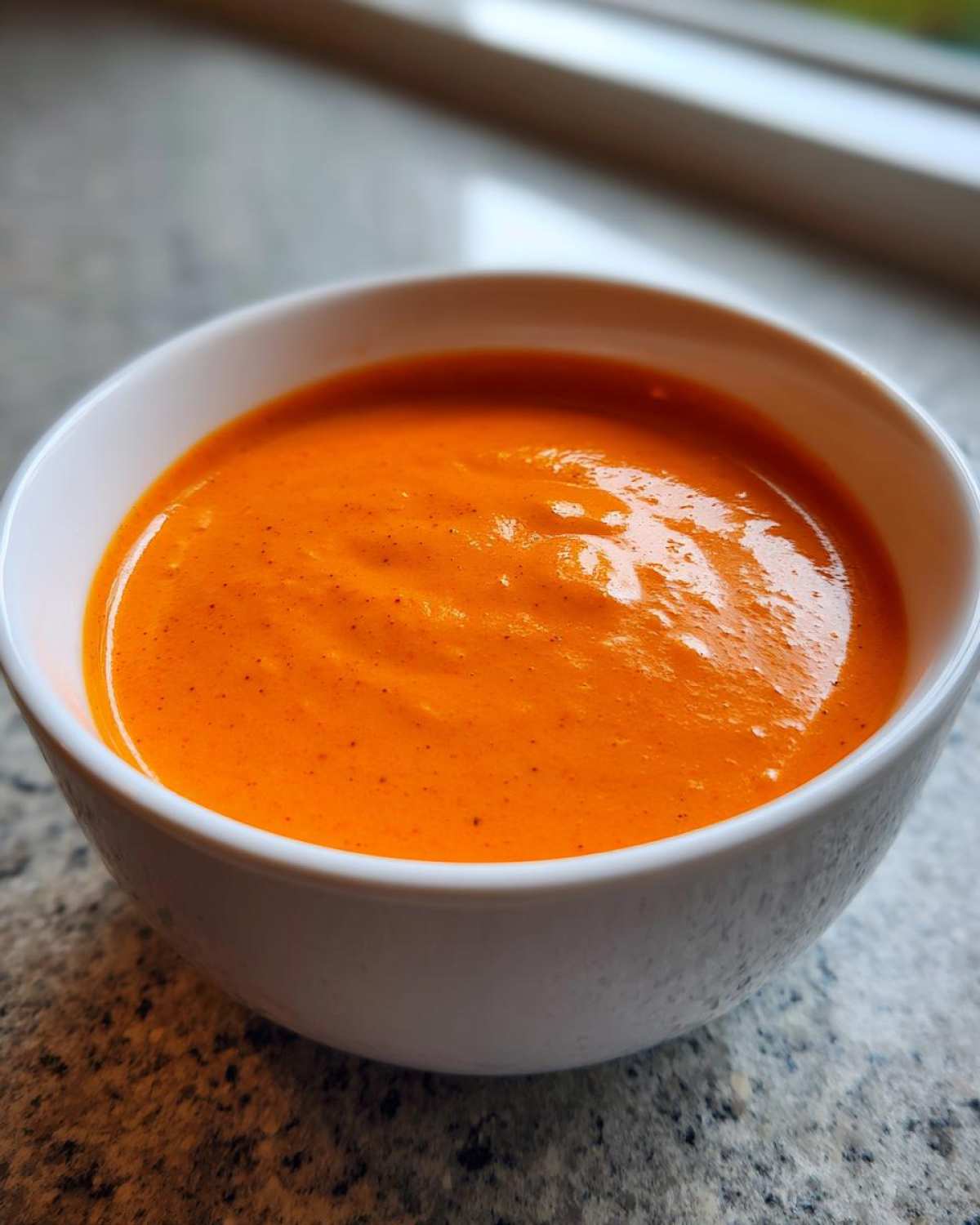 Close-up of a small white bowl filled with vibrant, smooth nacho cheese sauce, sitting on a speckled countertop.