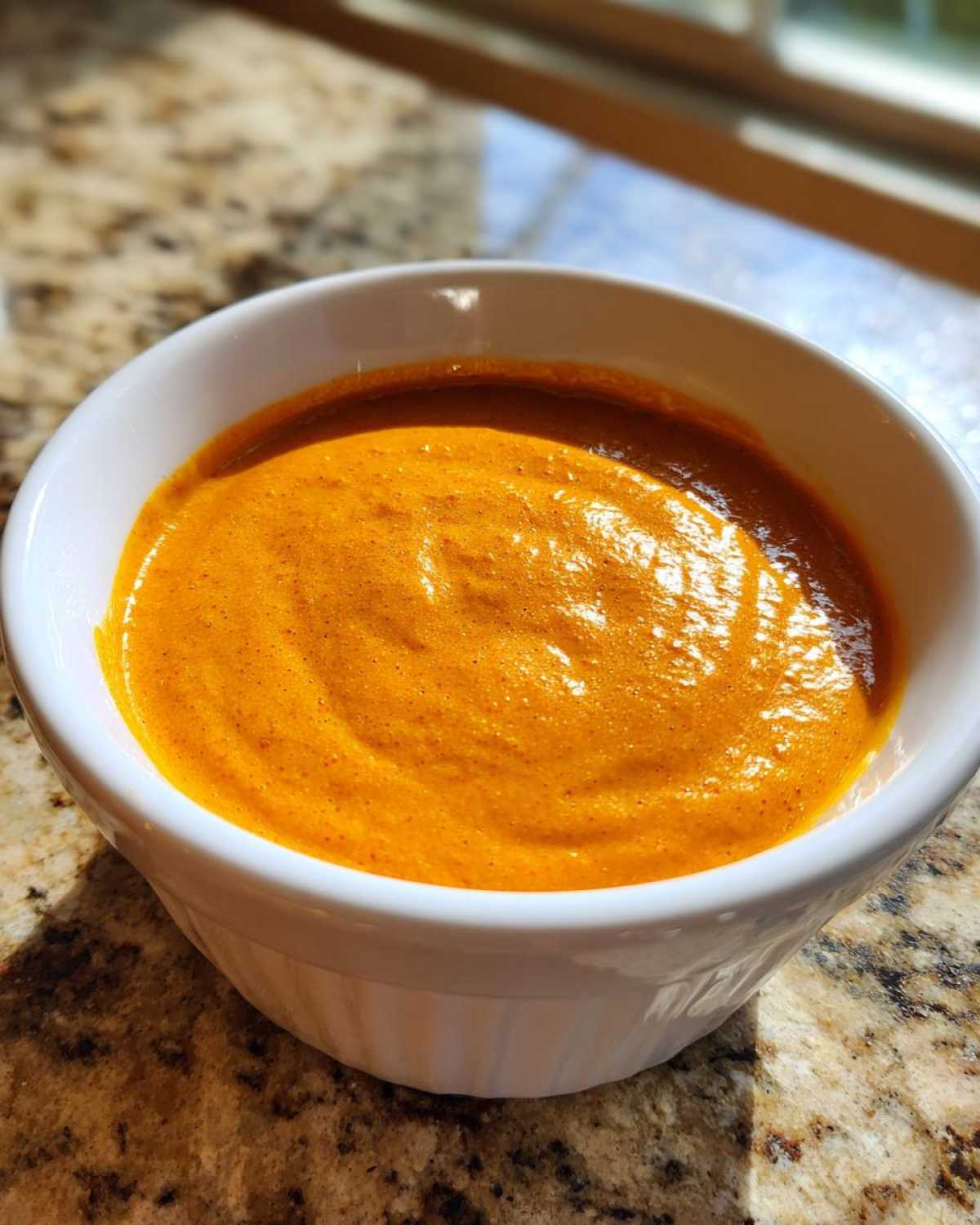 A close-up of vibrant, smooth nacho cheese sauce filling a small white bowl, sitting on a granite countertop.