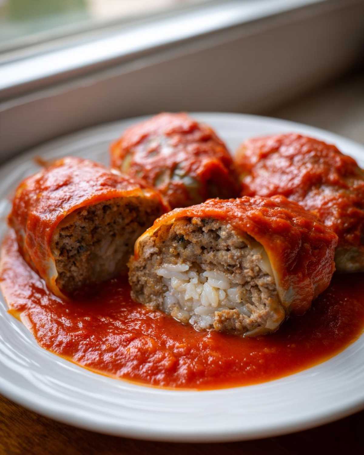 Close-up of four cabbage rolls smothered in bright red tomato sauce, one cut open showing the meat and rice filling of the cabbage rolls.