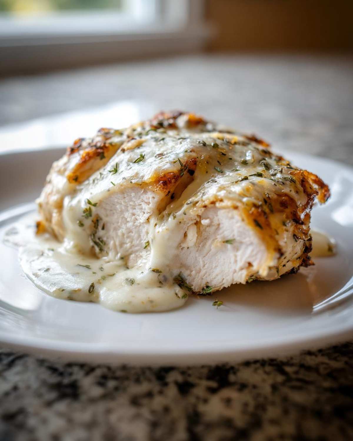 Cross-section of a juicy caesar chicken breast topped with melted cheese and creamy sauce.