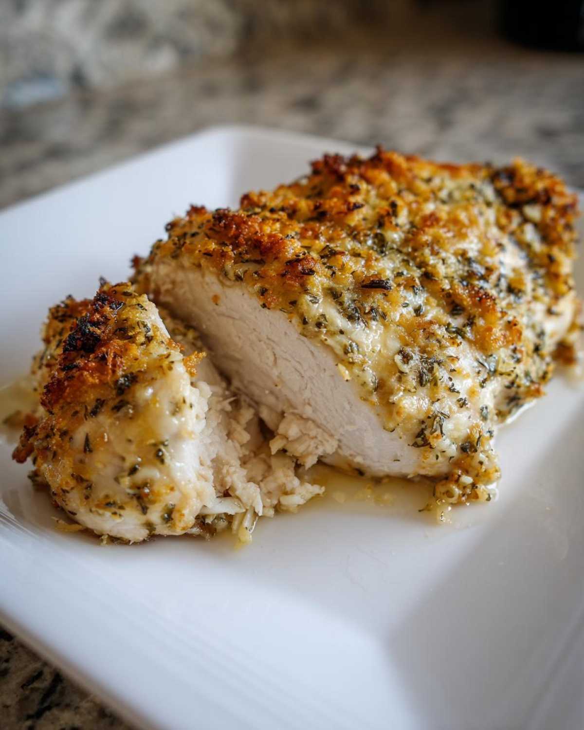 Close-up of a sliced caesar chicken breast showing juicy white meat and a golden, herbed, crispy crust.