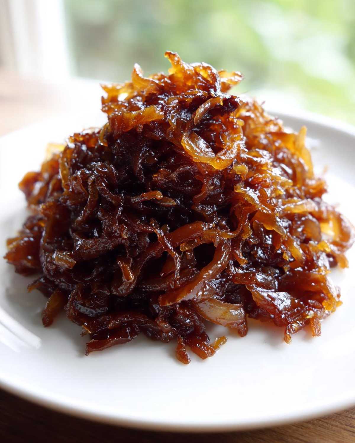 A close-up of a mound of deeply browned, glossy caramelized onions served on a white plate.