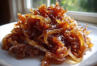 A close-up shot of a mound of deeply browned and glistening caramelized onions served on a white plate.