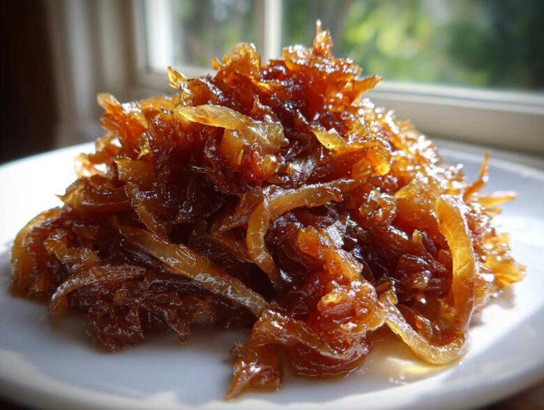 A close-up shot of a mound of deeply browned and glistening caramelized onions served on a white plate.