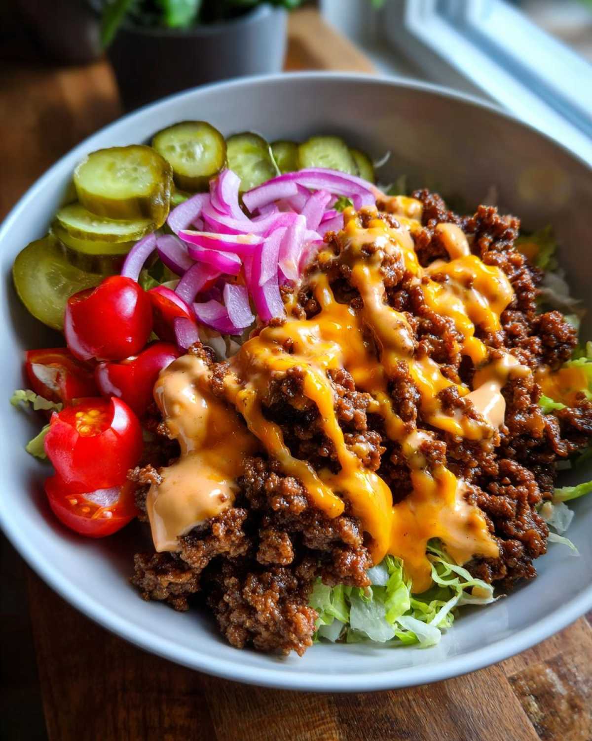 A close-up of a delicious cheeseburger bowl featuring seasoned ground beef, lettuce, pickles, red onion, and drizzled with cheese and burger sauce.