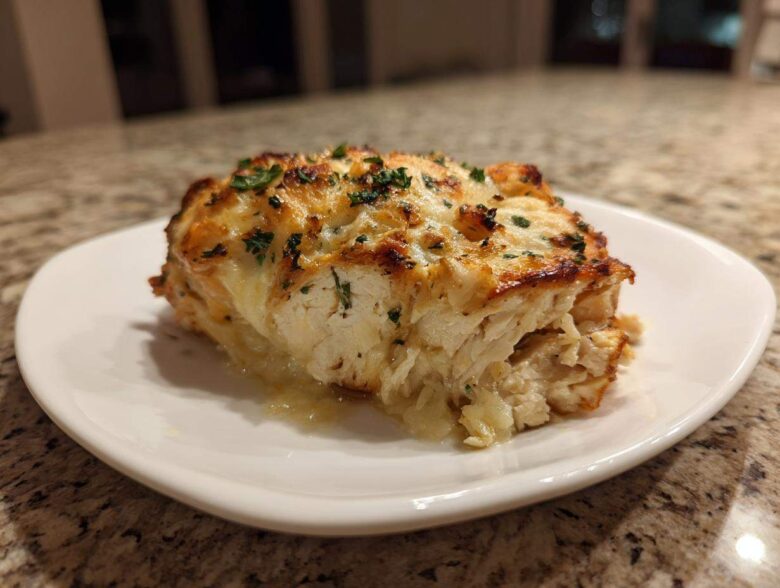 A thick, cheesy serving of baked caesar chicken topped with browned cheese and parsley.