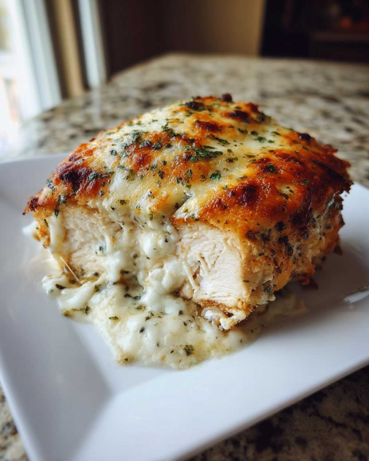 A cross-section of juicy caesar chicken breast topped with melted, browned cheese sauce and herbs.
